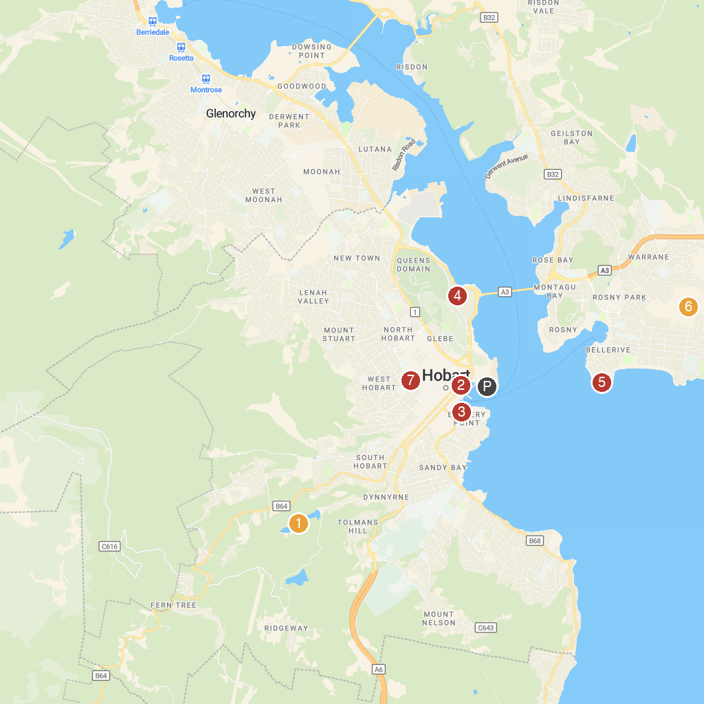 Hobart, Tasmania, Australia map with numbered points of interest