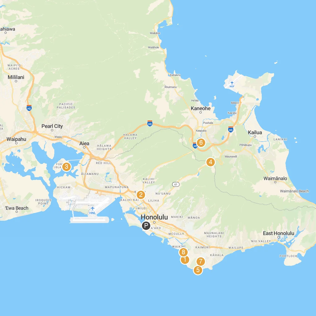 Honolulu, Oahu, Hawaii, USA map with numbered points of interest