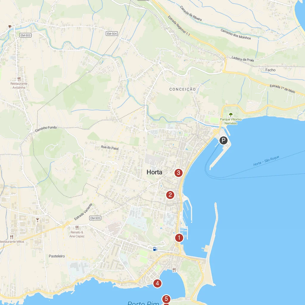 Horta, Faial Island, Azores, Portugal map with numbered points of interest