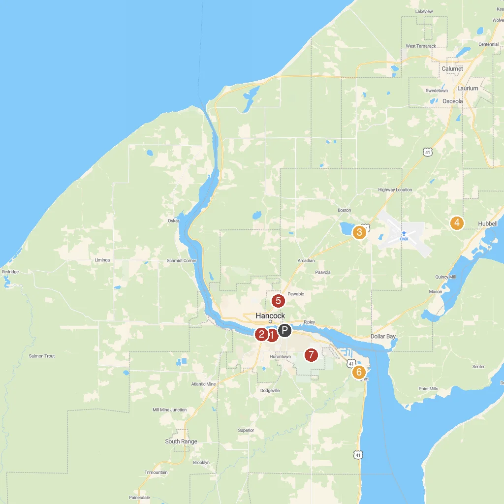 Houghton, Michigan, USA map with numbered points of interest