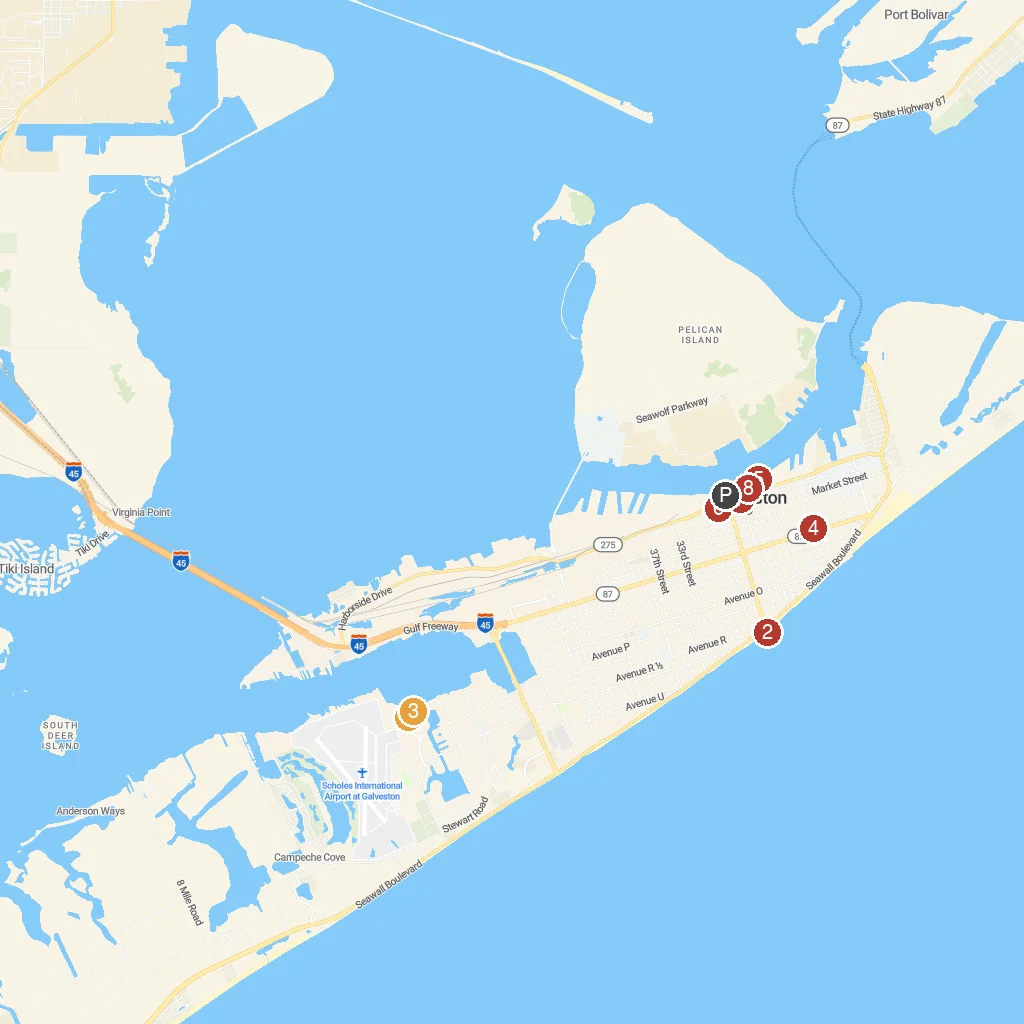 Galveston, Texas, USA map with numbered points of interest