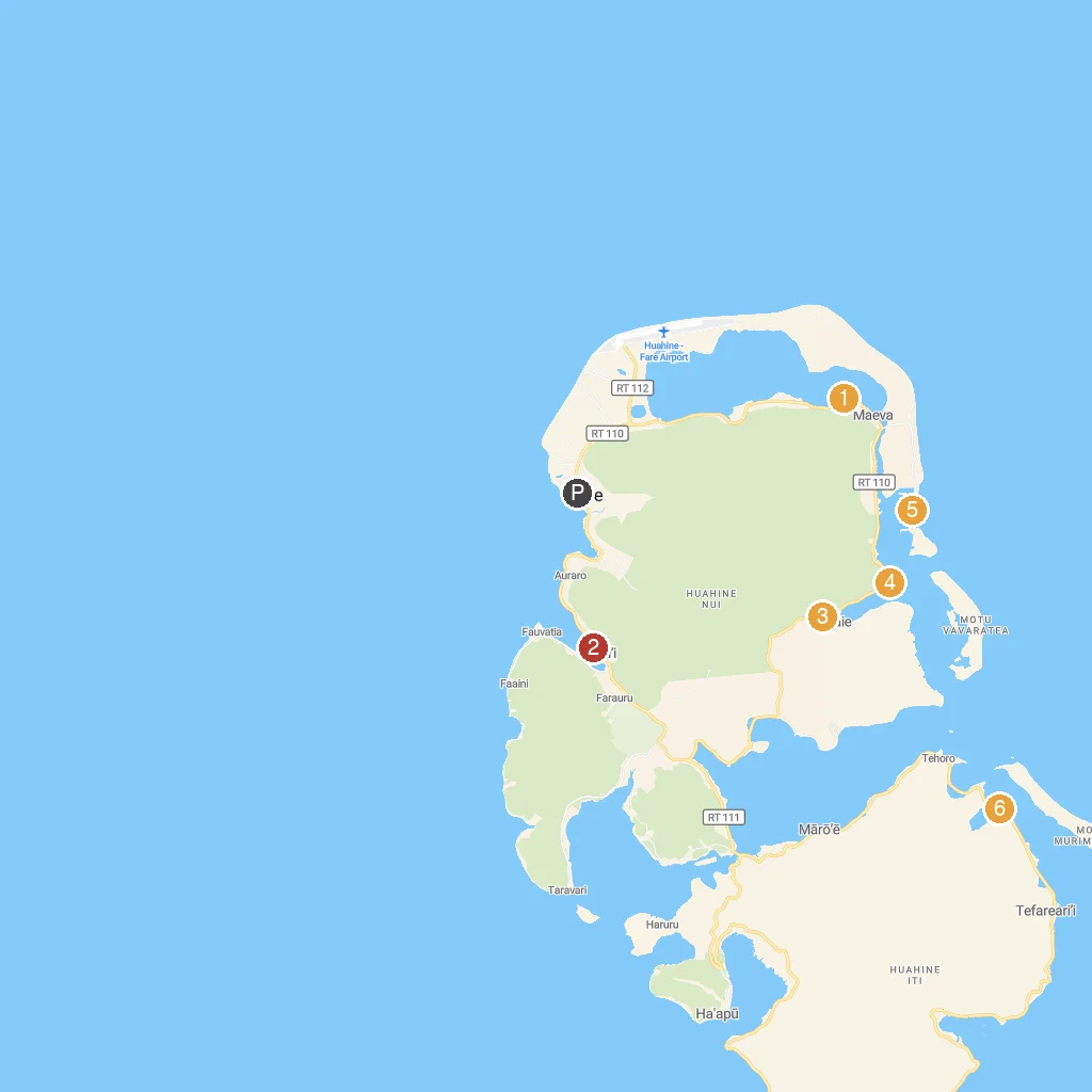 Huahine Island, Society Islands, French Polynesia map with numbered points of interest