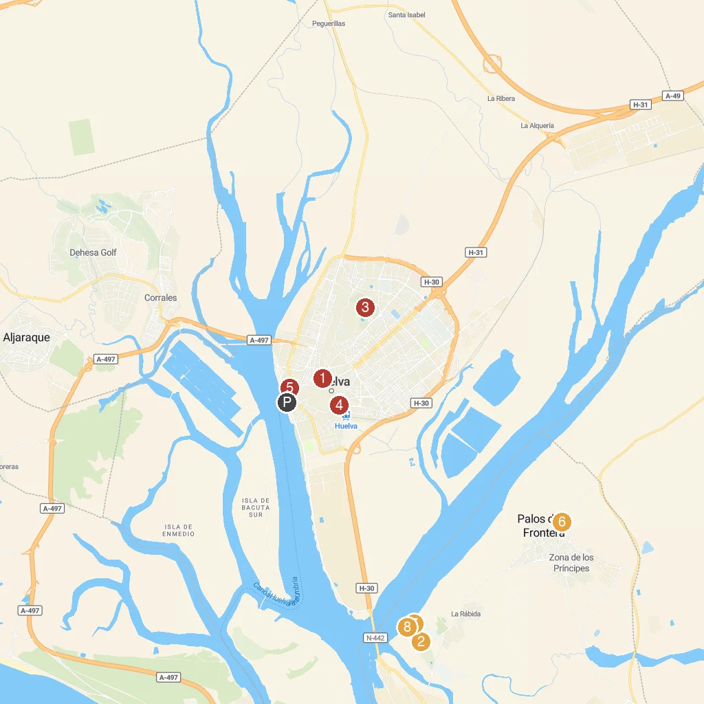 Huelva, Andalusia, Spain map with numbered points of interest