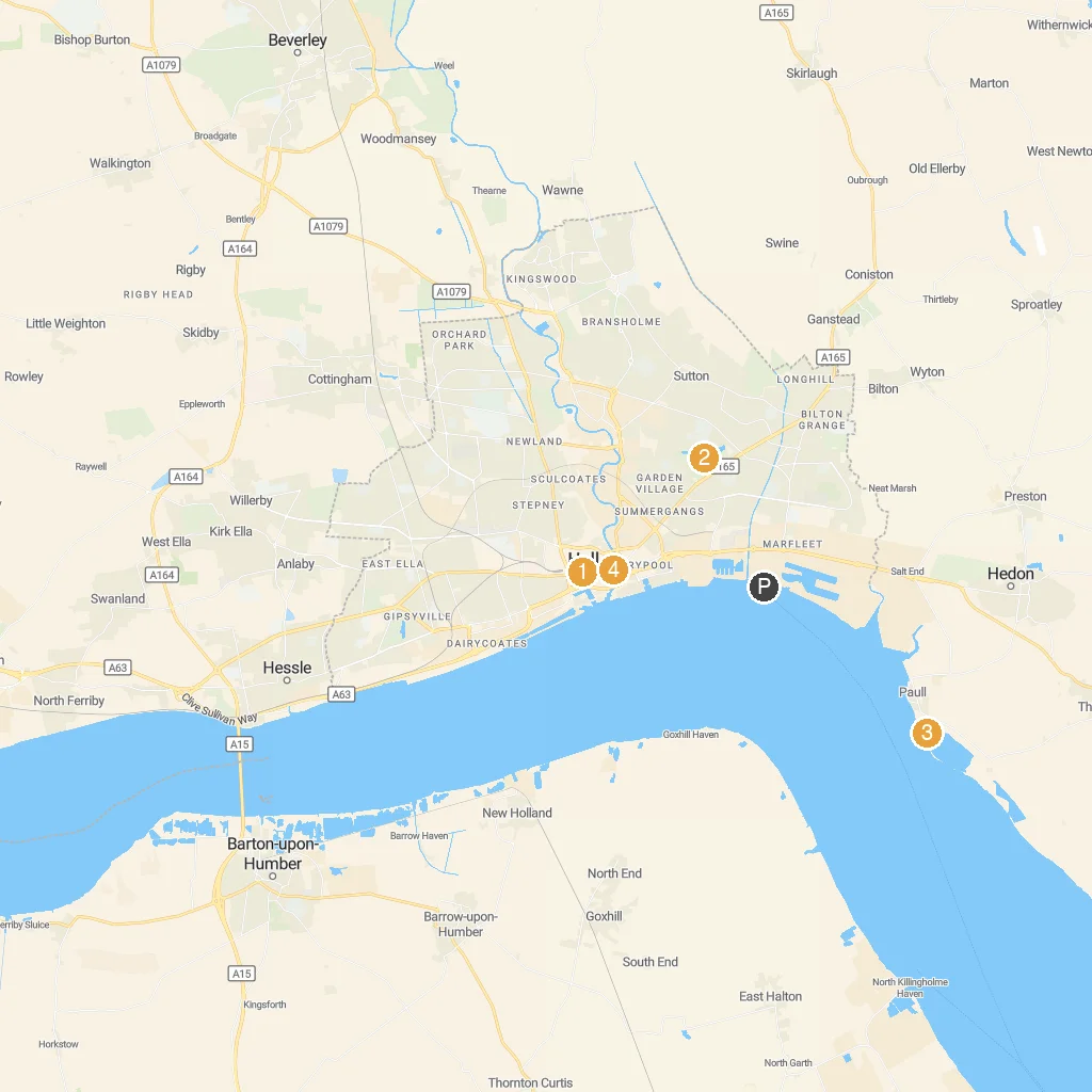 Hull, East Yorkshire, England map with numbered points of interest