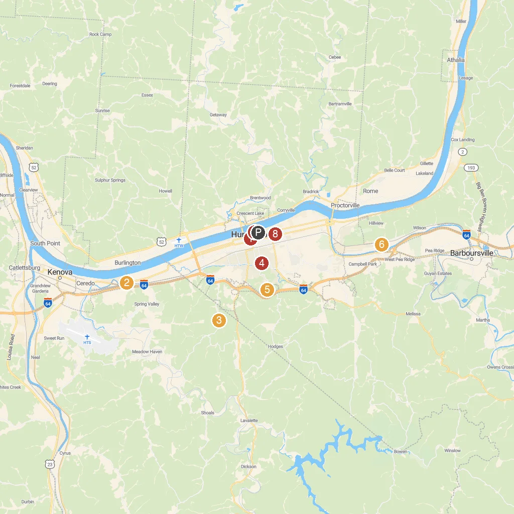 Huntington, West Virginia, USA map with numbered points of interest