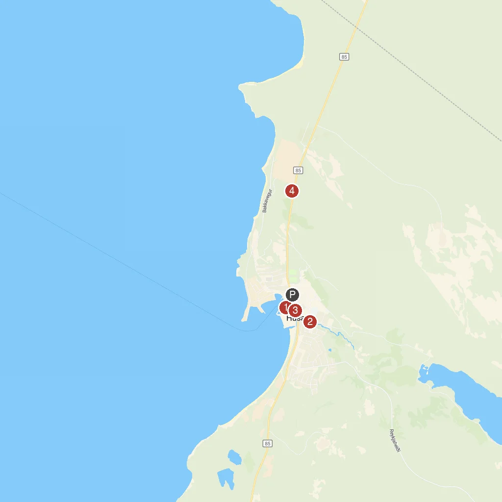 Húsavík, Northeast Iceland, Iceland map with numbered points of interest