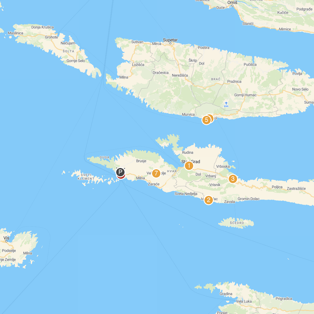 Hvar, Dalmatia, Croatia map with numbered points of interest