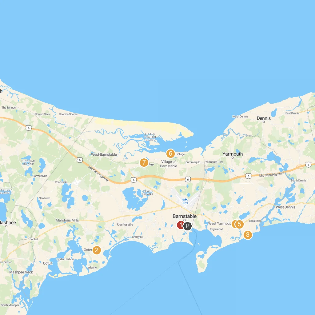 Hyannis, Cape Cod, Massachusetts, USA map with numbered points of interest