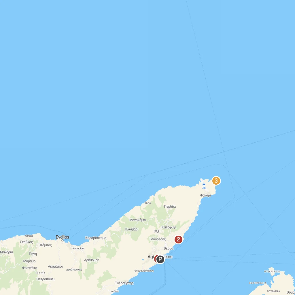 Ikaria Island, Aegean, Greece map with numbered points of interest