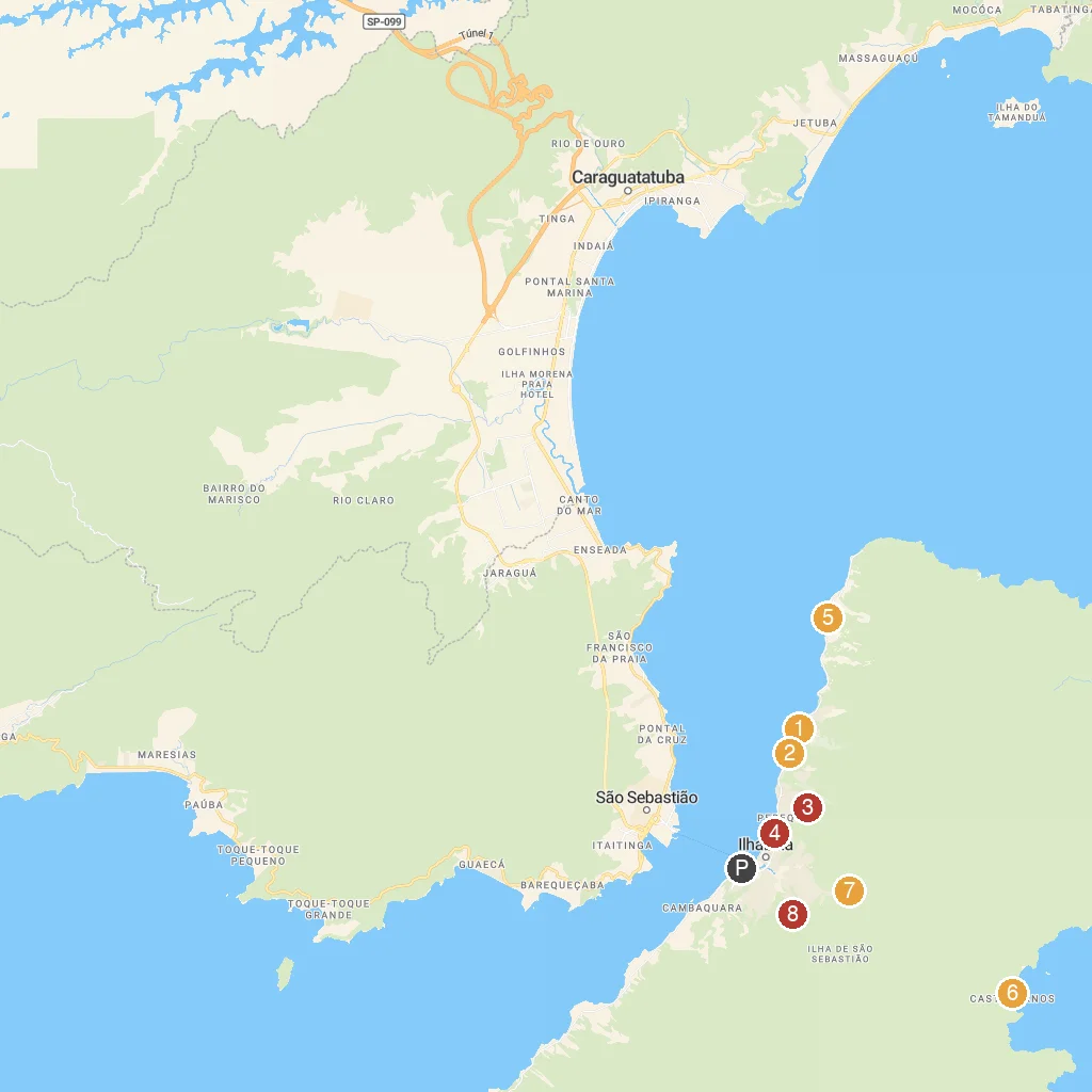Ilhabela, São Paulo State, Brazil map with numbered points of interest
