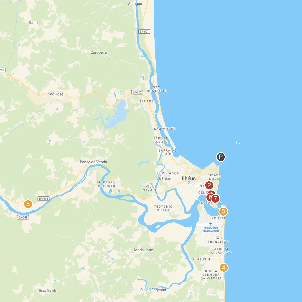 Ilhéus, Bahia, Brazil map with numbered points of interest