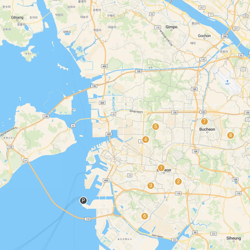 Incheon, South Korea map with numbered points of interest