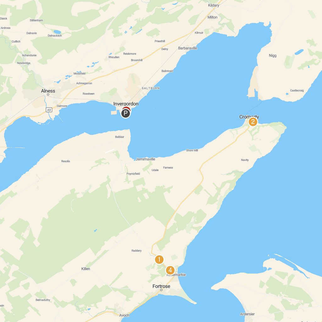 Invergordon, Easter Ross, Scotland map with numbered points of interest