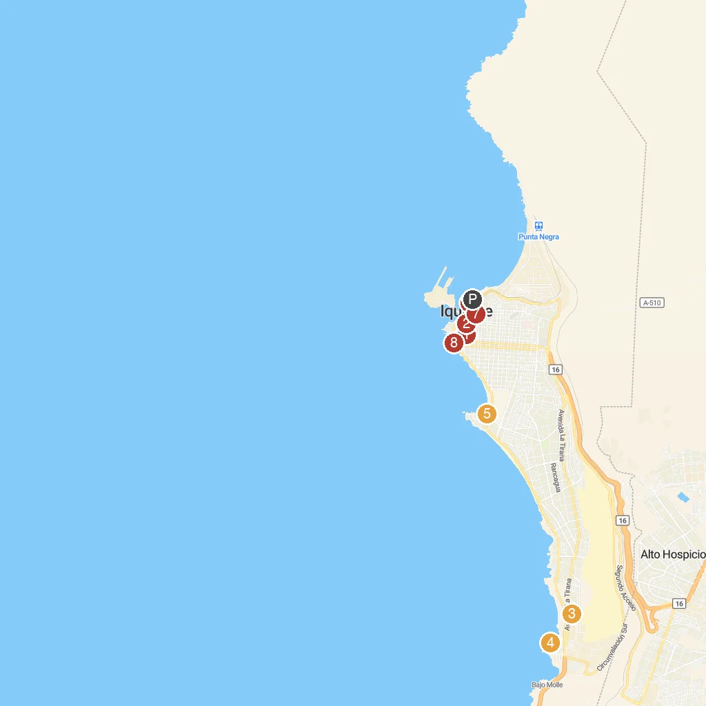 Iquique, Tarapacá, Chile map with numbered points of interest
