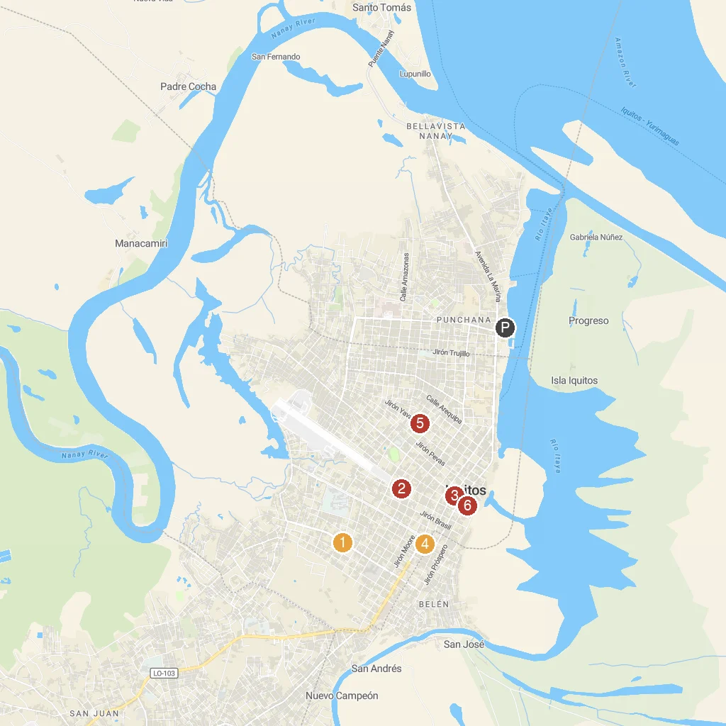 Iquitos, Loreto, Peru map with numbered points of interest