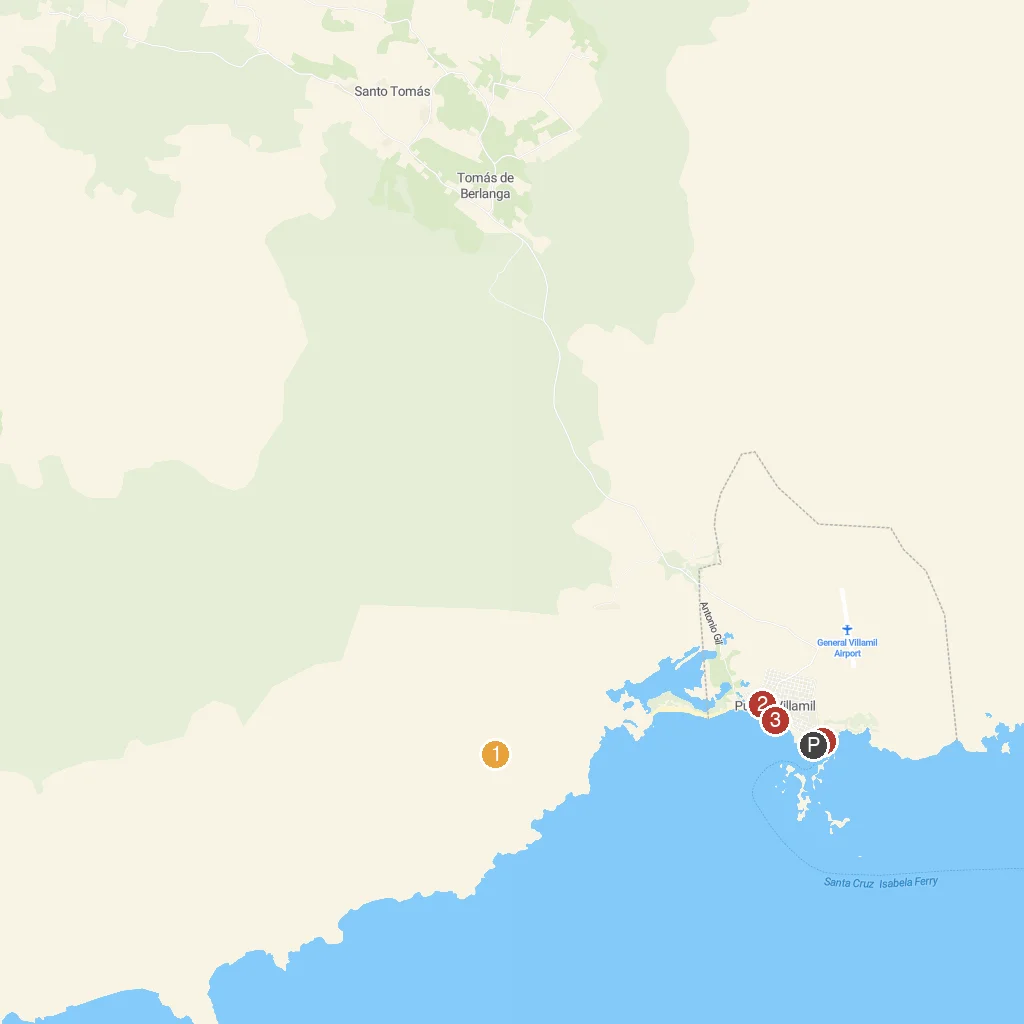 Puerto Villamil, Isabela Island, Ecuador map with numbered points of interest