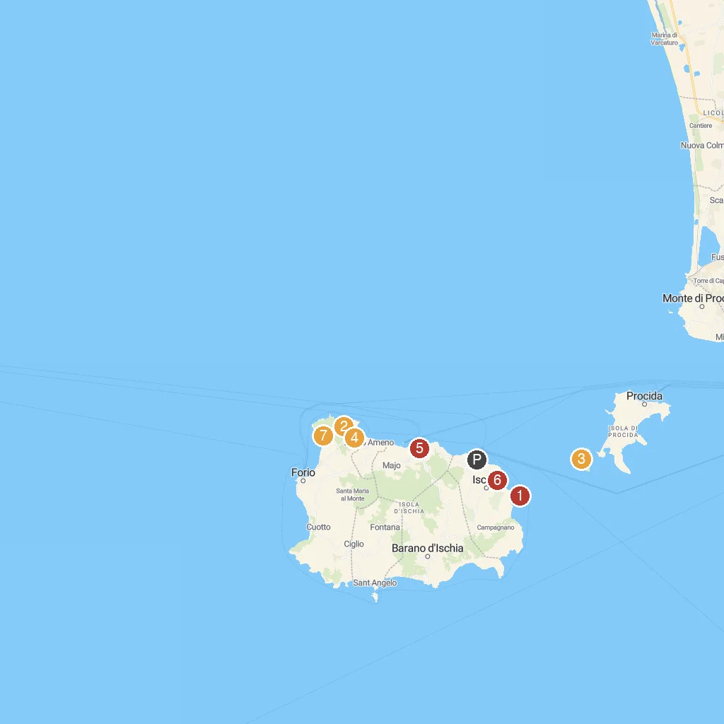 Ischia, Gulf of Naples, Italy map with numbered points of interest