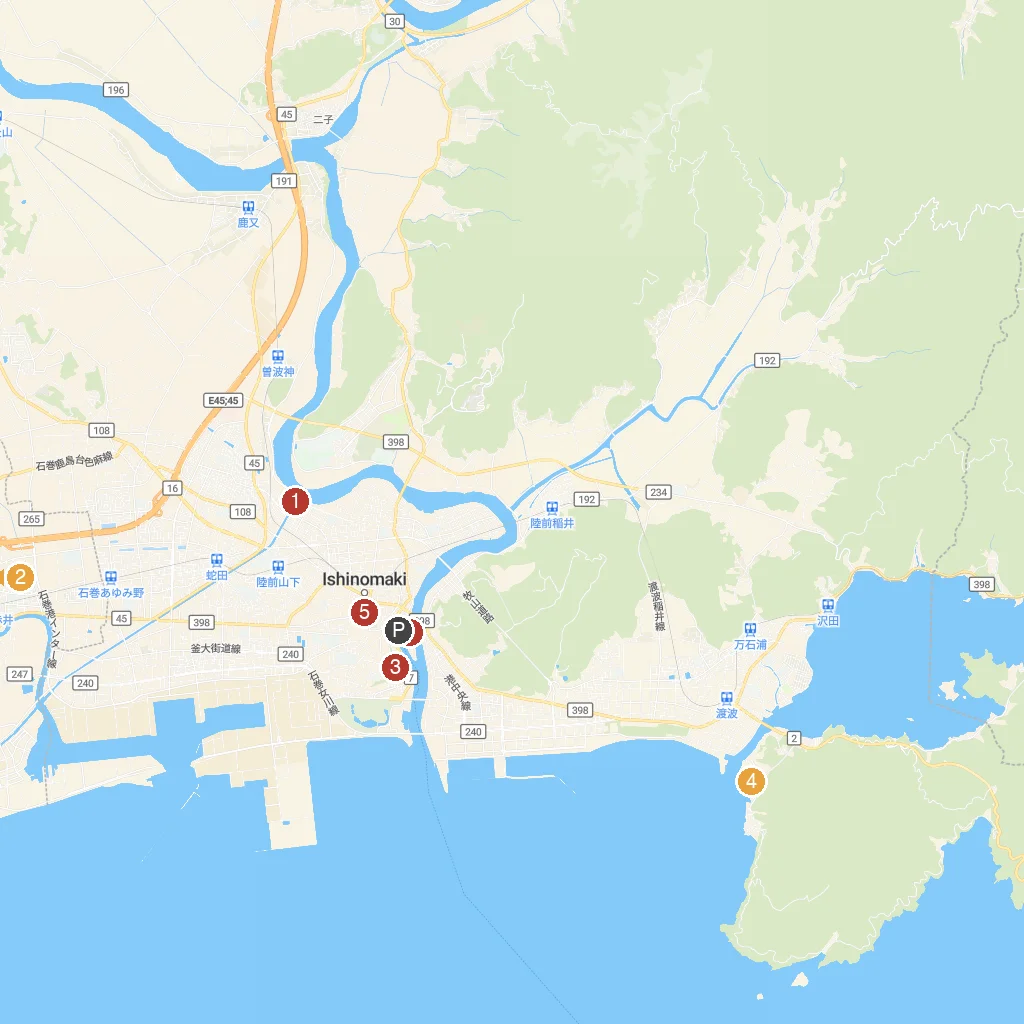 Ishinomaki, Miyagi, Japan map with numbered points of interest