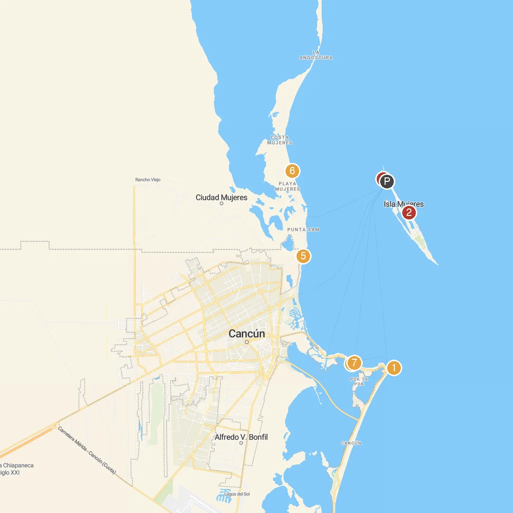 Isla Mujeres, Quintana Roo, Mexico map with numbered points of interest