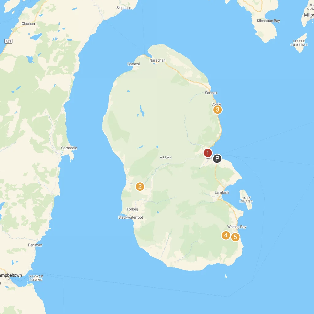 Isle of Arran, Scotland, United Kingdom map with numbered points of interest