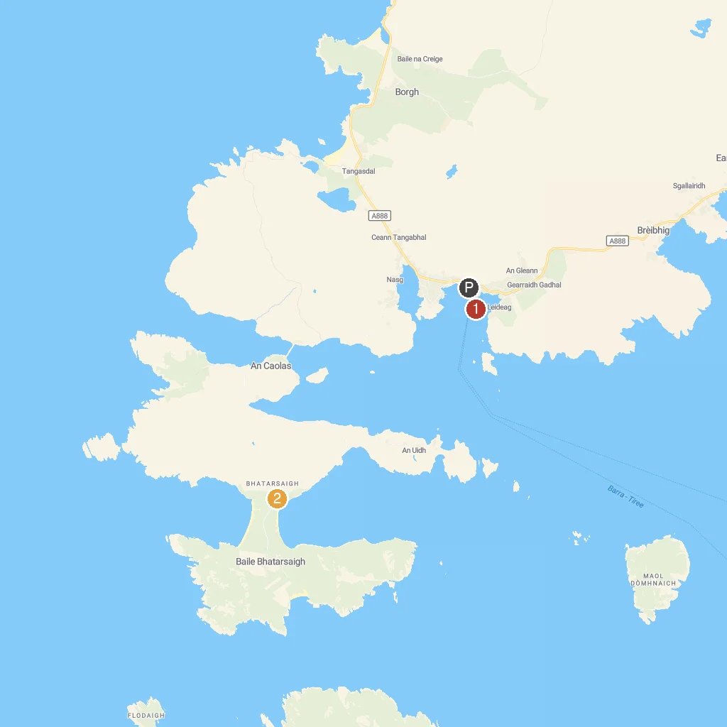 Isle of Barra, Outer Hebrides, Scotland map with numbered points of interest