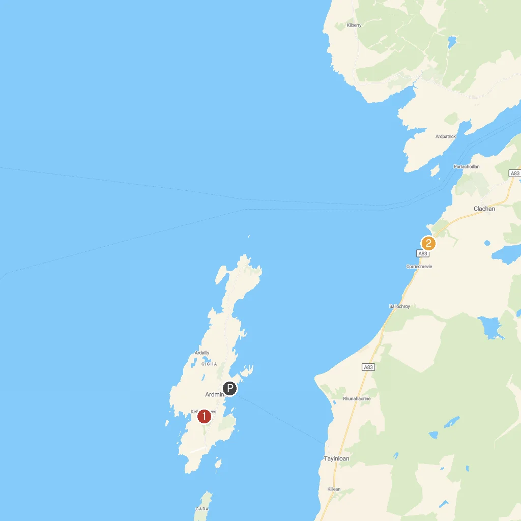 Isle of Gigha, Argyll, Scotland map with numbered points of interest