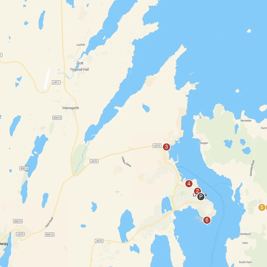 Isle of Noss, Shetland, Scotland map with numbered points of interest