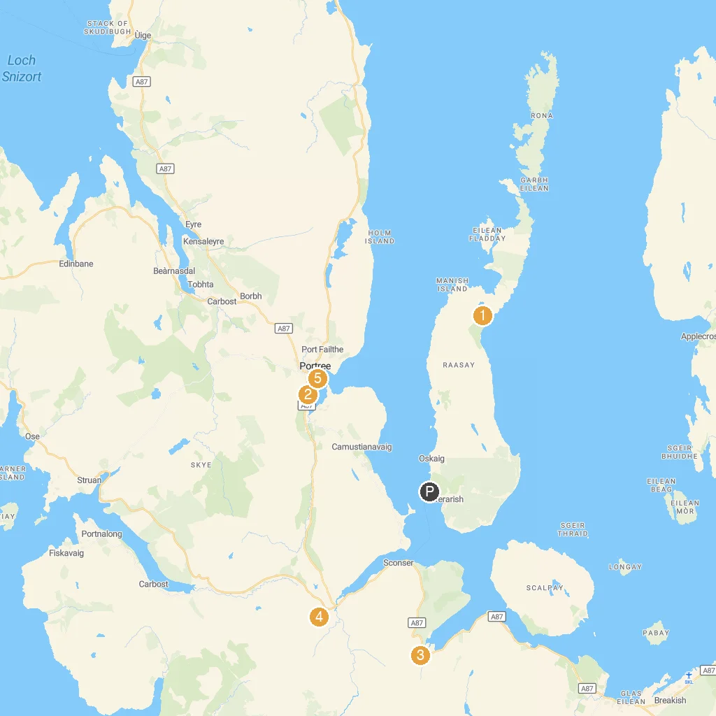 Isle of Raasay, Inner Hebrides, Scotland map with numbered points of interest