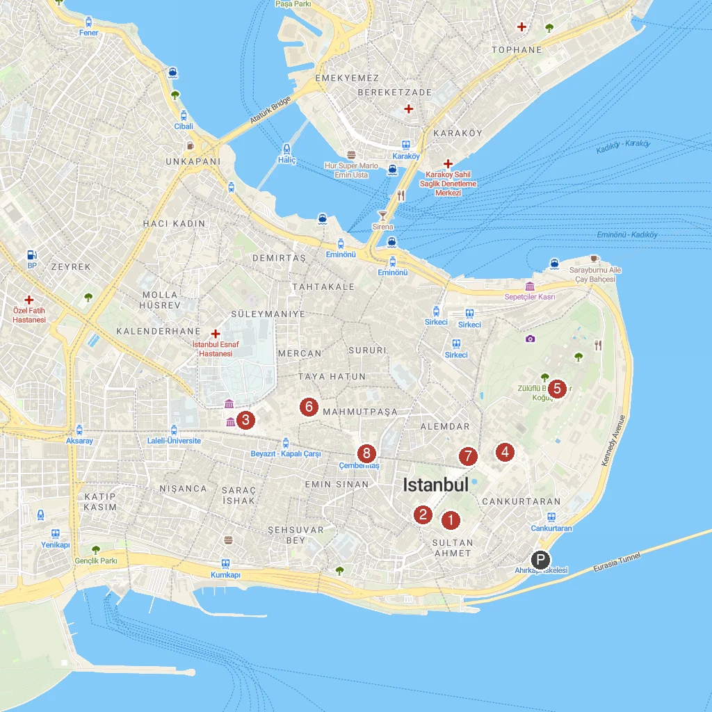 Istanbul, Turkey map with numbered points of interest