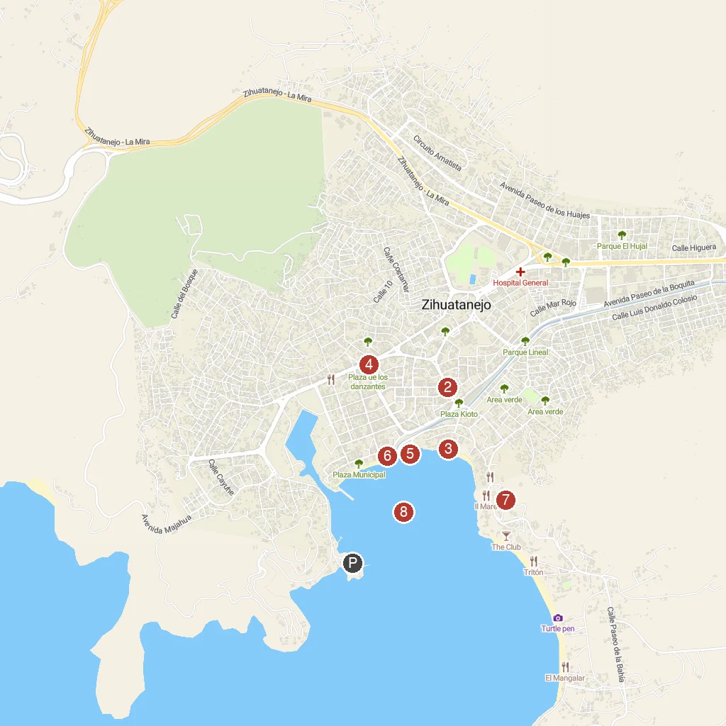 Ixtapa-Zihuatanejo, Guerrero, Mexico map with numbered points of interest
