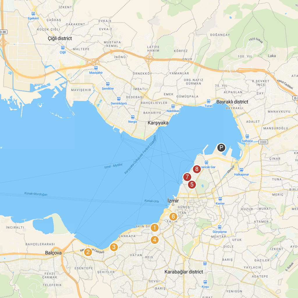 Izmir, Aegean, Turkey map with numbered points of interest