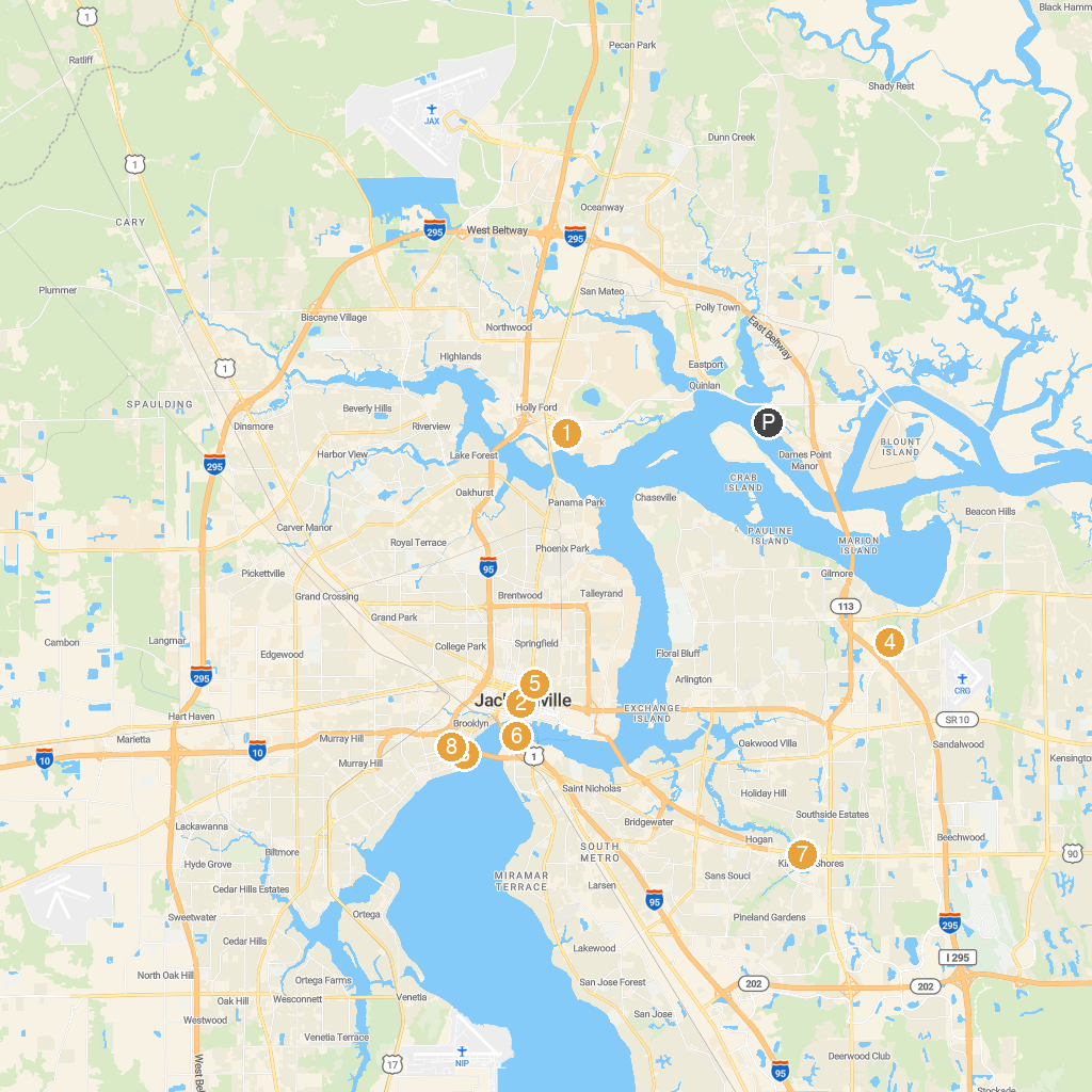 Jacksonville, Florida, USA map with numbered points of interest
