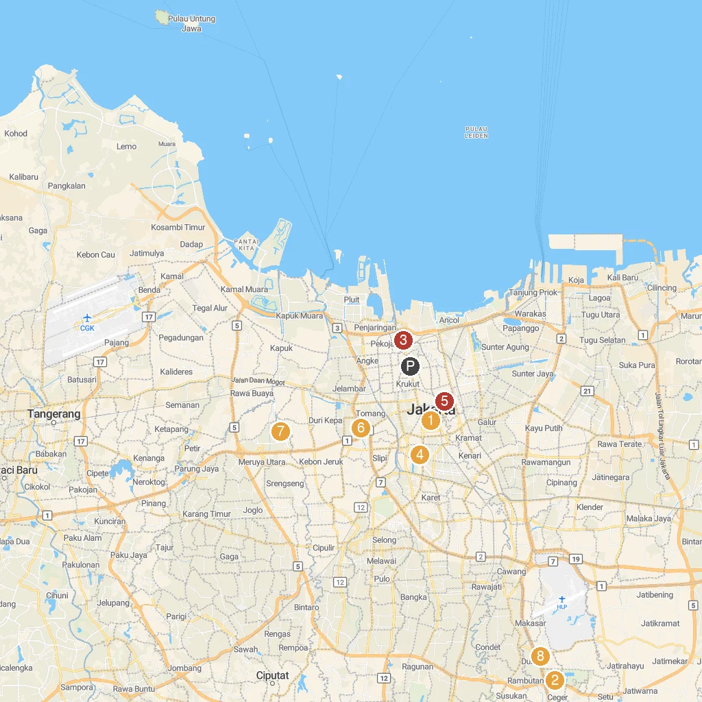 Jakarta, Java, Indonesia map with numbered points of interest