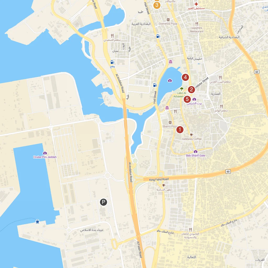 Jeddah, Hejaz, Saudi Arabia map with numbered points of interest