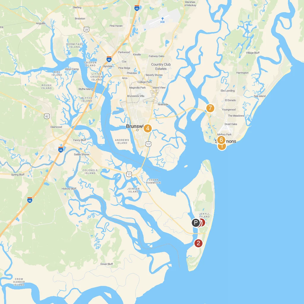 Jekyll Island, Georgia, USA map with numbered points of interest