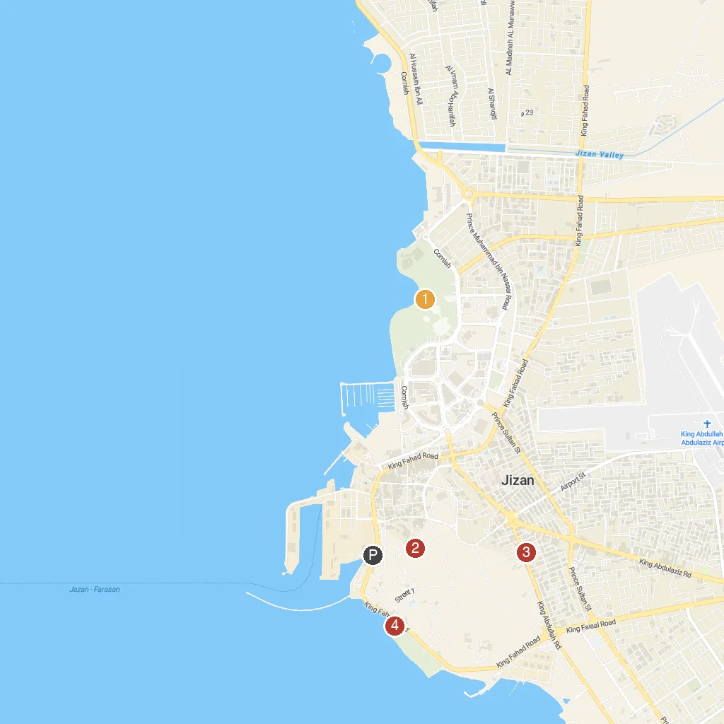 Jizan, Jizan Region, Saudi Arabia map with numbered points of interest