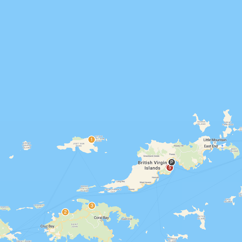 Jost Van Dyke, British Virgin Islands map with numbered points of interest