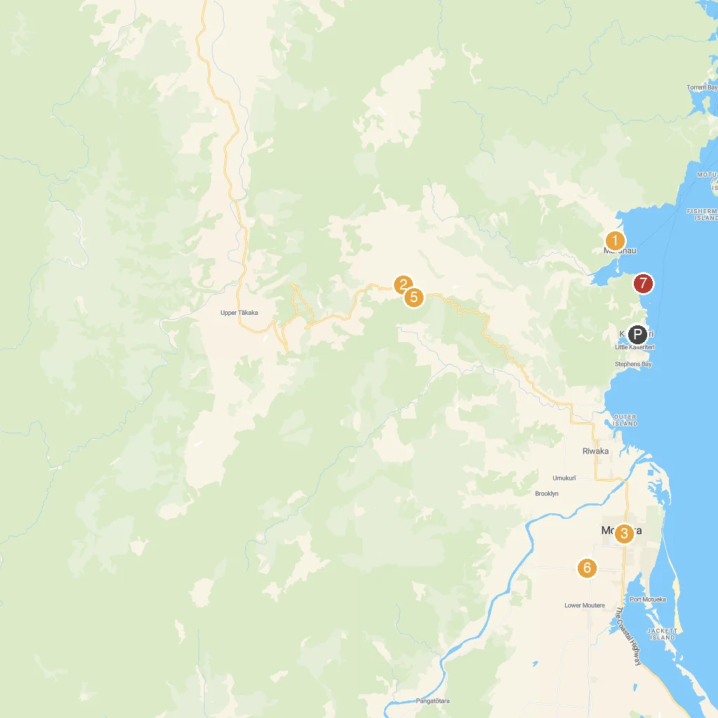 Kaiteriteri, Nelson-Tasman, New Zealand map with numbered points of interest