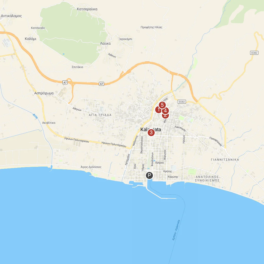 Kalamata, Peloponnese, Greece map with numbered points of interest