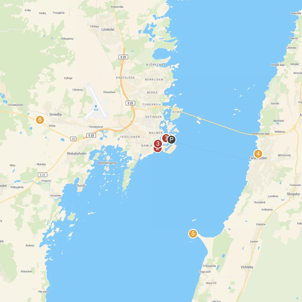 Kalmar, Småland, Sweden map with numbered points of interest