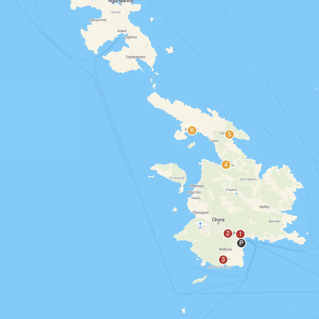 Kalymnos Island, Dodecanese, Greece map with numbered points of interest