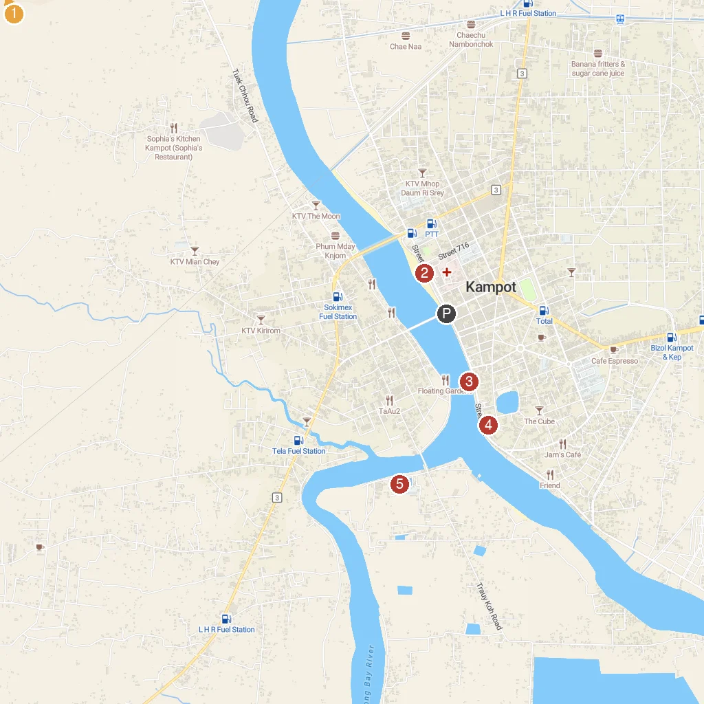 Kampot, Kampot Province, Cambodia map with numbered points of interest