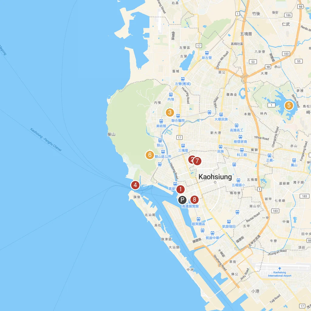 Kaohsiung, Taiwan map with numbered points of interest