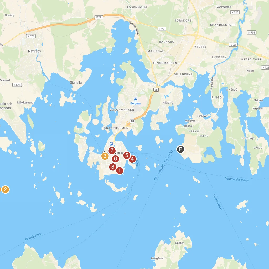 Karlskrona, Blekinge, Sweden map with numbered points of interest