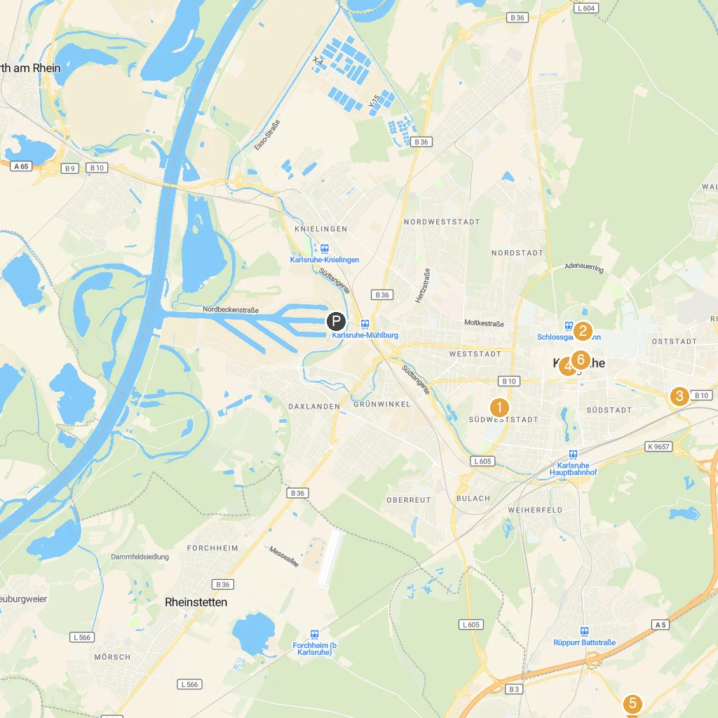 Karlsruhe, Baden-Württemberg, Germany map with numbered points of interest