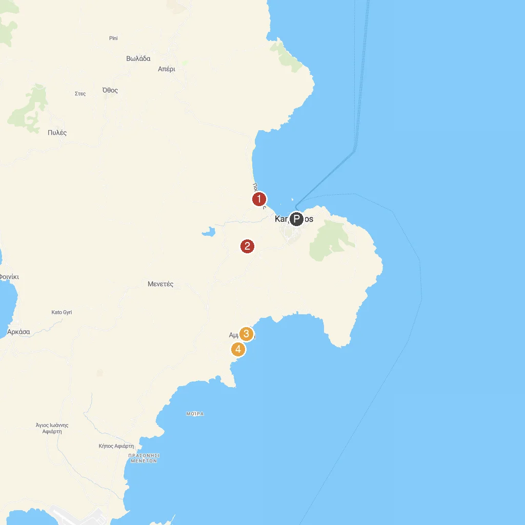 Karpathos, Dodecanese, Greece map with numbered points of interest