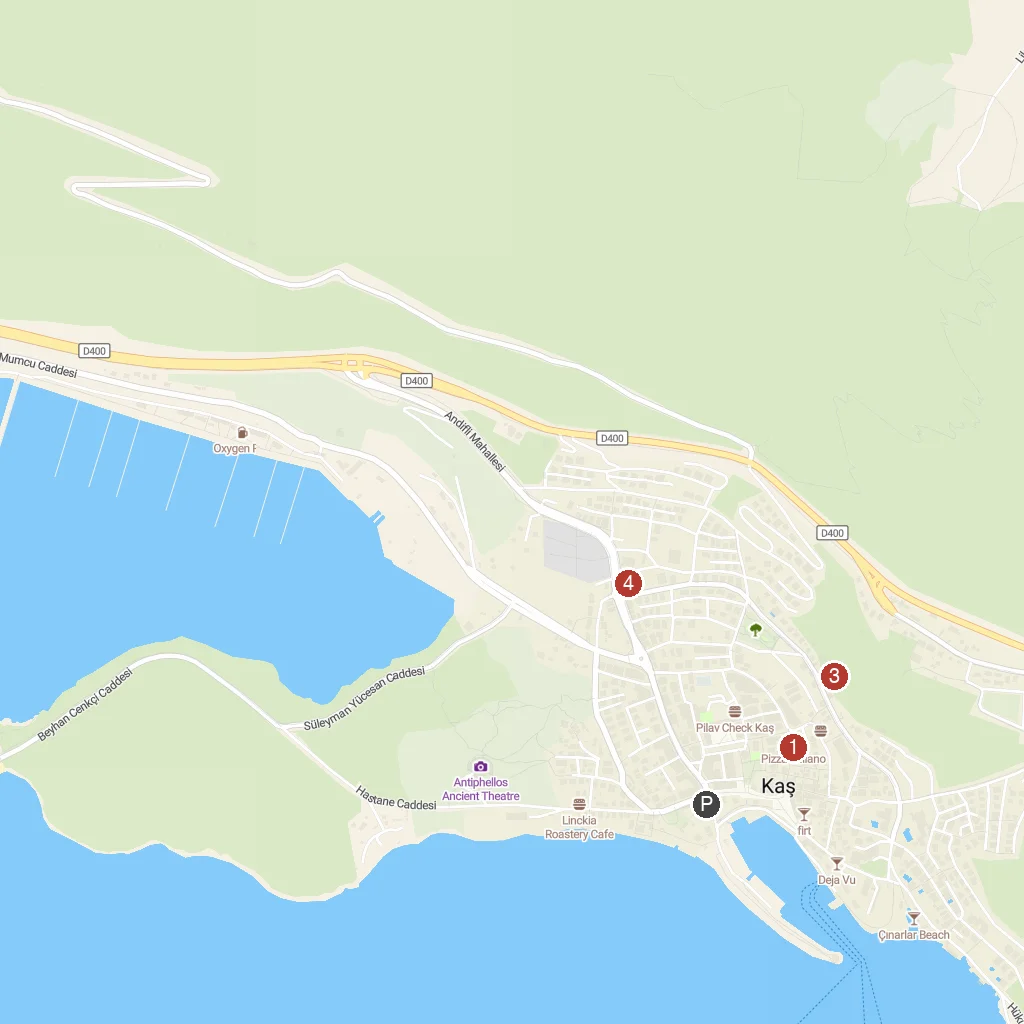 Kaş, Antalya, Turkey map with numbered points of interest