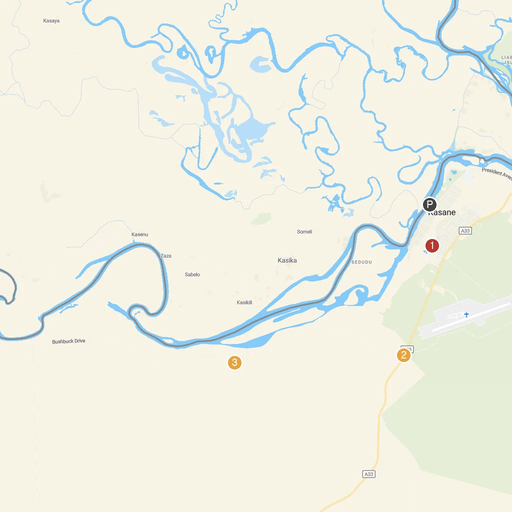 Kasane, Chobe, Botswana map with numbered points of interest