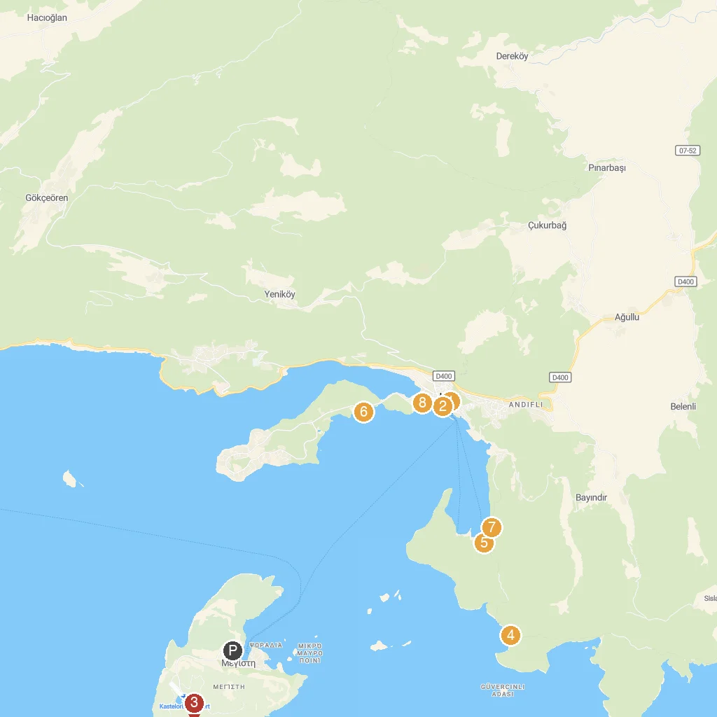 Kastellorizo Island, Dodecanese, Greece map with numbered points of interest