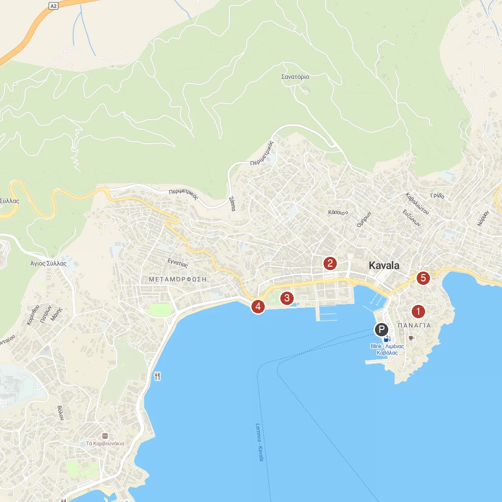 Kavala, Macedonia, Greece map with numbered points of interest